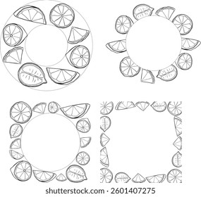 Fatia de limão círculo quadro redondo definir desenho de vetor. Círculo de frutas cítricas e modelo de rótulo quadrado. ilustração em preto e branco de tinta de linha gráfica para embalagem, chá, suco, cosméticos naturais, limonada
