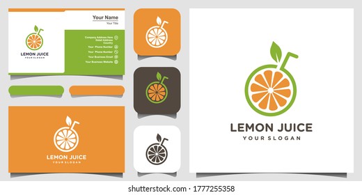 Lemon slice citrus flat vector logo and business card design