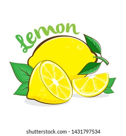 lemon, slice of citrus with leaf isolated on white background. Vector illustration.