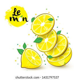 lemon, slice of citrus with leaf isolated on white background. Vector illustration.
