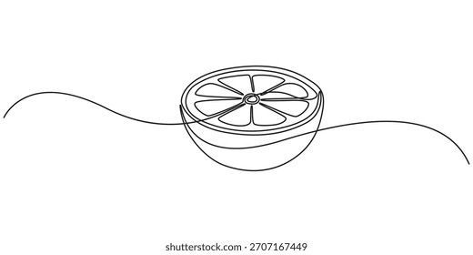Lemon slice continuous line drawing vector illustration. Wedge of lemon line art illustration, Continuous single line drawing sketch of a halved lemon and a lemon wedge artfully arranged for a refresh