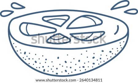 A lemon slice is drawn with seeds and juice droplets in a clean line style. The citrus fruit is depicted with speckled rind and splashing liquid. Cartoon vector illustration.