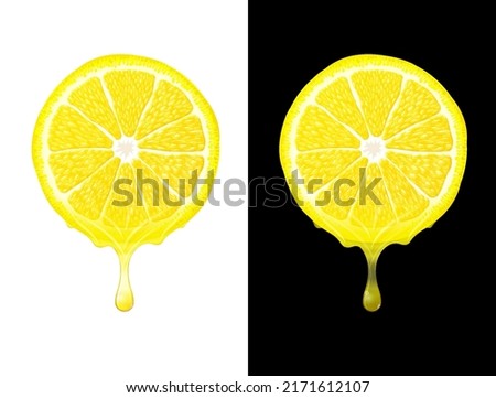 Lemon slice with drops of fresh juice isolated on white and black. Lemon juice flows from round cut of orange fruit