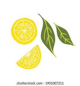 Lemon slice. Exotic tropical yellow citrus fresh fruit, slice juicy lemons and leaves vector cartoon minimalistic style isolated illustration, print or banner, label or poster, sticker