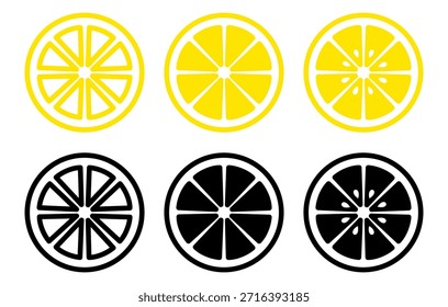 Lemon slice front view icon set. Yellow and black variants in outline style. Flat vector citrus food icons isolated 