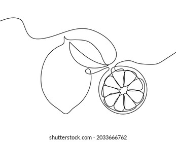 Lemon And A Slice Of Fruit One Line. Continuous Line Drawing Of Citrus, Lime.