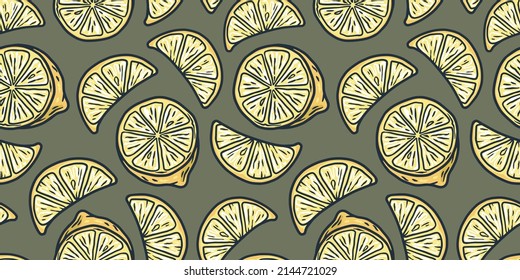 Lemon slice fruit summer exotic trandy wallpaper. Lemonade seamless pattern design