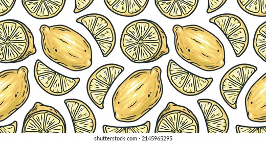 Lemon slice fruit summer exotic trandy wallpaper. Lemonade seamless pattern design