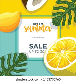 Lemon slice and green leaves. Summer Sale banner template design. Big sale special offer. Summer Special offer banner for poster, flyer, brochure, sticker. Tropical Lemon Vector illustration.