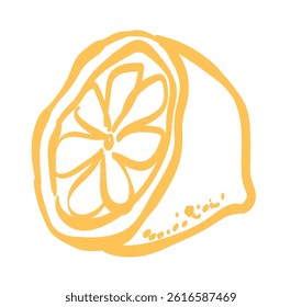 Lemon slice or half line icon vector illustration. Hand drawn outline citrus with peel in yellow color. Amalfi or Sicily emblem of ripe lemon drawing in ink doodle style. Isolated design element.