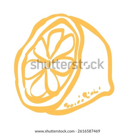 Lemon slice or half line icon vector illustration. Hand drawn outline citrus with peel in yellow color. Amalfi or Sicily emblem of ripe lemon drawing in ink doodle style. Isolated design element.