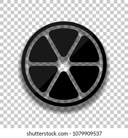 lemon slice icon. Black glass icon with soft shadow on transparent background