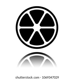 lemon slice icon. Black icon with mirror reflection on white bac