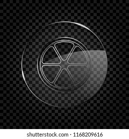 lemon slice icon. Icon in circle glass bubble on dark transparent grid. Glass style