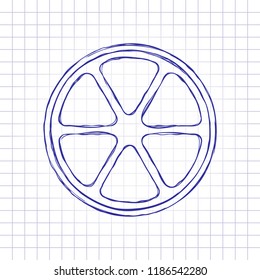 lemon slice icon. Hand drawn picture on paper sheet. Blue ink, outline sketch style. Doodle on checkered background