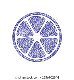 lemon slice icon. Hand drawn sketched picture with scribble fill. Blue ink. Doodle on white background