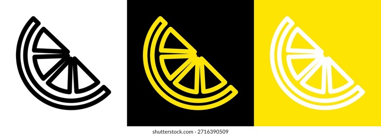 Lemon slice icon in outline style. Minimal line vector illustration of lemon wedge with clean hand drawn contour. Citrus food symbol isolated on white, black and yellow backgrounds.