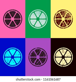 lemon slice icon. Pop art style. Scratched icons on 6 colour backgrounds. Seamless pattern