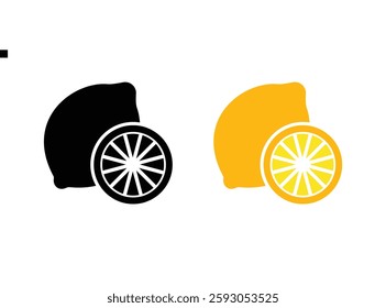 Lemon and slice. Icon with reflection on white background. Vector illustration of Whole lemon showing a slice with. Square Button with Orange royalty free vector art. Lemon and slice. Icon for design.