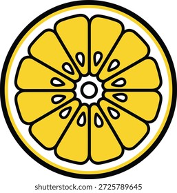 Zitronensegment-Symbol mit zehn Segmenten und Samen in Rundsicht für Obst, Zitrusfrüchte, Lebensmittel, Frische und gesundes Design Inhalt