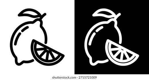 Lemon with slice icon. Vector sign of lemon and lemon wedge isolated. Outline style black and white illustration.