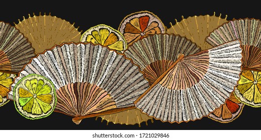 Lemon slice and japan fan. Asian horizontal seamless pattern. Fashion oriental art. Oriental style. Japanese and Chinese art 