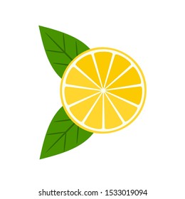 Lemon slice with leaf isolated on white background. Vector illustration.