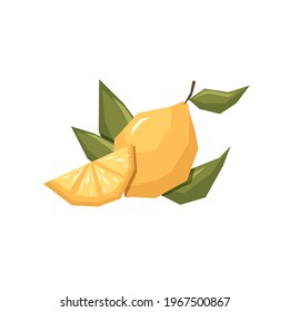 Lemon with slice and leaves in flat geometric style. Abstract fruits