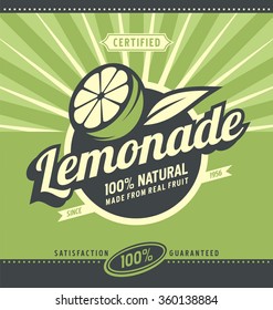 Lemon Slice And Lemonade - Retro Poster Design For 100 Percent Natural Drink. Vintage Label For Organic Fruit Product. 