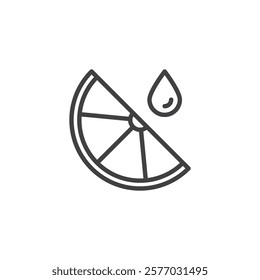 Lemon Slice line icon. linear style sign for mobile concept and web design. A lemon slice with a drop of juice outline vector icon. Vitamin C symbol, logo illustration. Vector graphics