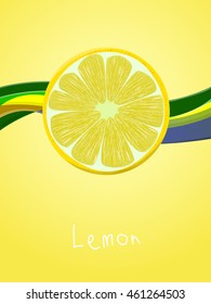 Lemon slice with lines on orange background. Vector illustration for decorative poster, emblem natural product, farmers market. Perfect for packaging design of cosmetics and food.