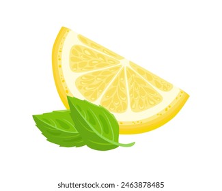 Lemon slice and mint leaves Vector cartoon illustration of yellow citrus. Food icon.