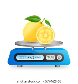 Lemon and slice on blue digital scale vector