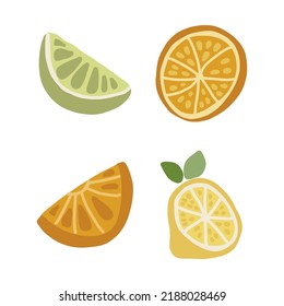 Lemon y loncha de limón, rodaja de naranja, lima mitad clipart. Jugo de verano aislado cítricos amarillo verde mano dibujado ilustración para menú, tarjeta, diseño de camiseta