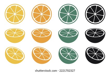 Lemon slice, orange slice, sweet lime slice and vector icon of citrus