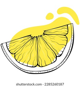 Lemon slice outline. Citrus wedge. Stylish sketch with abstract colored spots. Black lines with stain, blot. Vector hand drawn modern illustration isolated on white. Fruit design, print, logo