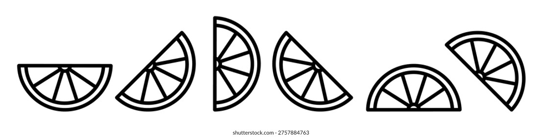 Lemon slice outline icon set. Citrus wedges, half slices shown in different angles and positions. Line pictograms for fruit, food and fresh ingredient concept.