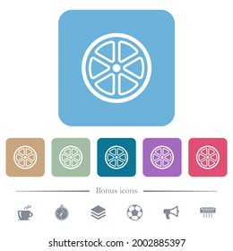 Lemon slice outline white flat icons on color rounded square backgrounds. 6 bonus icons included