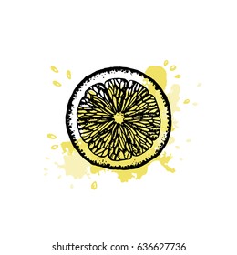 Lemon slice in outline and yellow splash of juice. Hand drawn design.