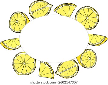Lemon slice oval frame vector drawing. Hand drawn summer illustration. graphic line ink yellow illustration for packaging, tea, juice, natural cosmetics, lemonade