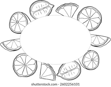 Desenho de vetor de quadro oval de fatia de limão. Ilustração de verão desenhada à mão. ilustração em preto e branco da linha gráfica para a embalagem, chá, suco, cosméticos naturais, limonada
