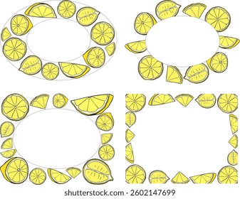 Lemon slice oval and rectangle frame set vector drawing. Hand drawn summer illustration. graphic line ink yellow illustration for packaging, tea, juice, natural cosmetics, lemonade
