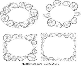 Lemon slice oval and rectangle frame set vector drawing. Hand drawn summer illustration. graphic line ink black and white illustration for packaging, tea, juice, natural cosmetics, lemonade
