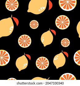 lemon slice pattern on black background, seamless texture