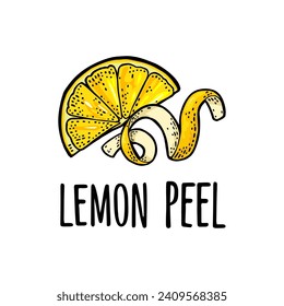 Lemon slice and peel twirled. Isolated on white background. Vector color vintage engrave illustration. Hand drawn design element for label and poster