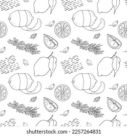 Lemon, lemon slice Rosemary sprig tied with string and decorative elements black and white isolated on white background vector seamless pattern