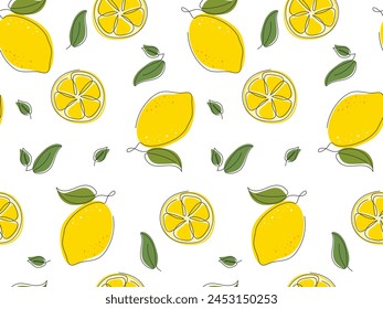 Lemon slice seamless Pattern. Abstract line Drawn citrus background. Fresh organic Natural Healthy Fruit. Doodle food illustration for design wallpaper, cover, packaging, advertising, banner