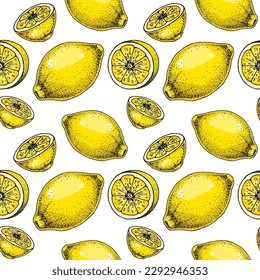  Lemon slice seamless pattern. Colorful hand drawn vector illustration in sketch style. Tropical exotic citrus fruit summer background