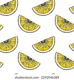  Lemon slice seamless pattern. Colorful hand drawn vector illustration in sketch style. Tropical exotic citrus fruit summer background