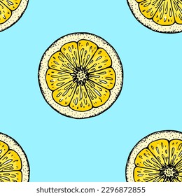  Lemon slice seamless pattern. Colorful hand drawn vector illustration in sketch style. Tropical exotic citrus fruit summer background